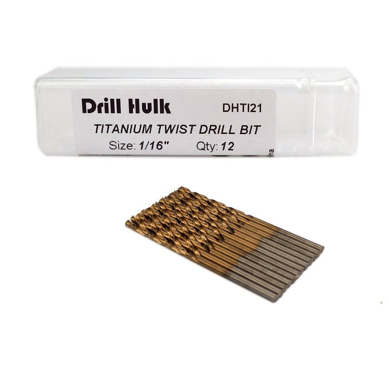 Drill Hulk Pack of 12, 1/16-Inch Titanium Nitride Coated Drill Bit, Premium M2 High Speed Steel, Jobber Length, for Metal, Plastic, Wood - Image 1